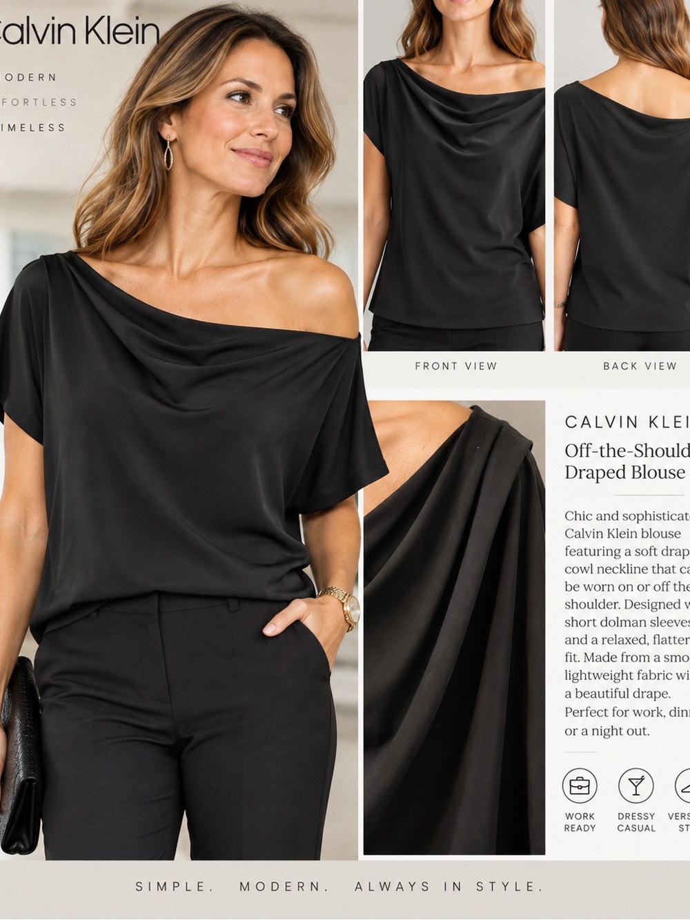 Calvin Klein Black Off-Shoulder Cowl Draped Blouse